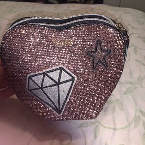 VICTORIAS SECRET PINK GLITTER SEQUIN HEART COSMETIC BAG MAKEUP CASE